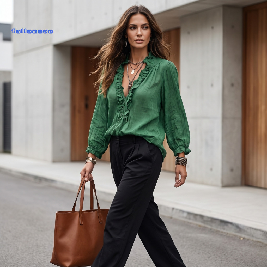 Long Sleeve Blouse Pullover Women’s Casual Ruffle V-neck Top Solid Color Loose Retro Pleated Autumn Shirt for Everyday