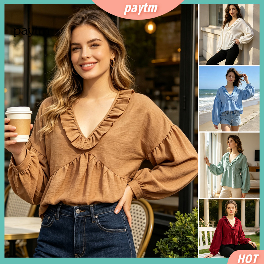 Fall Shirt Loose Fit Blouse Women’s Ruffle V-neck Lantern Sleeve Top Pleated Solid Color for – Stylish Dressy and Co