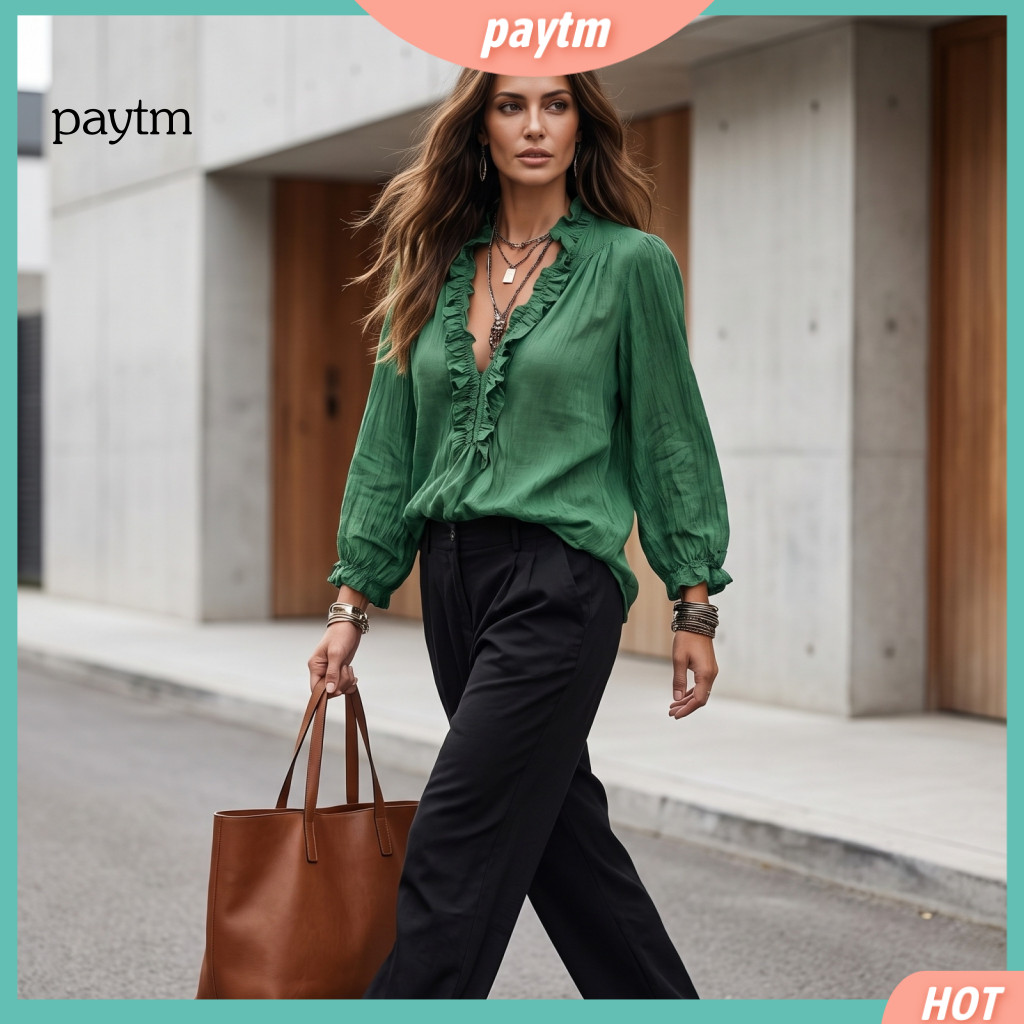 Long Sleeve Blouse Dressy Casual Women’s Ruffle V-neck Top Solid Color Loose Retro Pleated Autumn Pullover Shirt for E