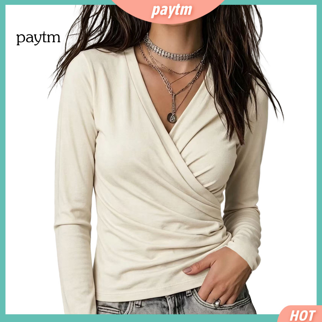 V Neck Tops Women V-neck Shirts Women’s Long Sleeve Blouse Slim Fit Pleated Shirt Solid Color Fall Top for Office and