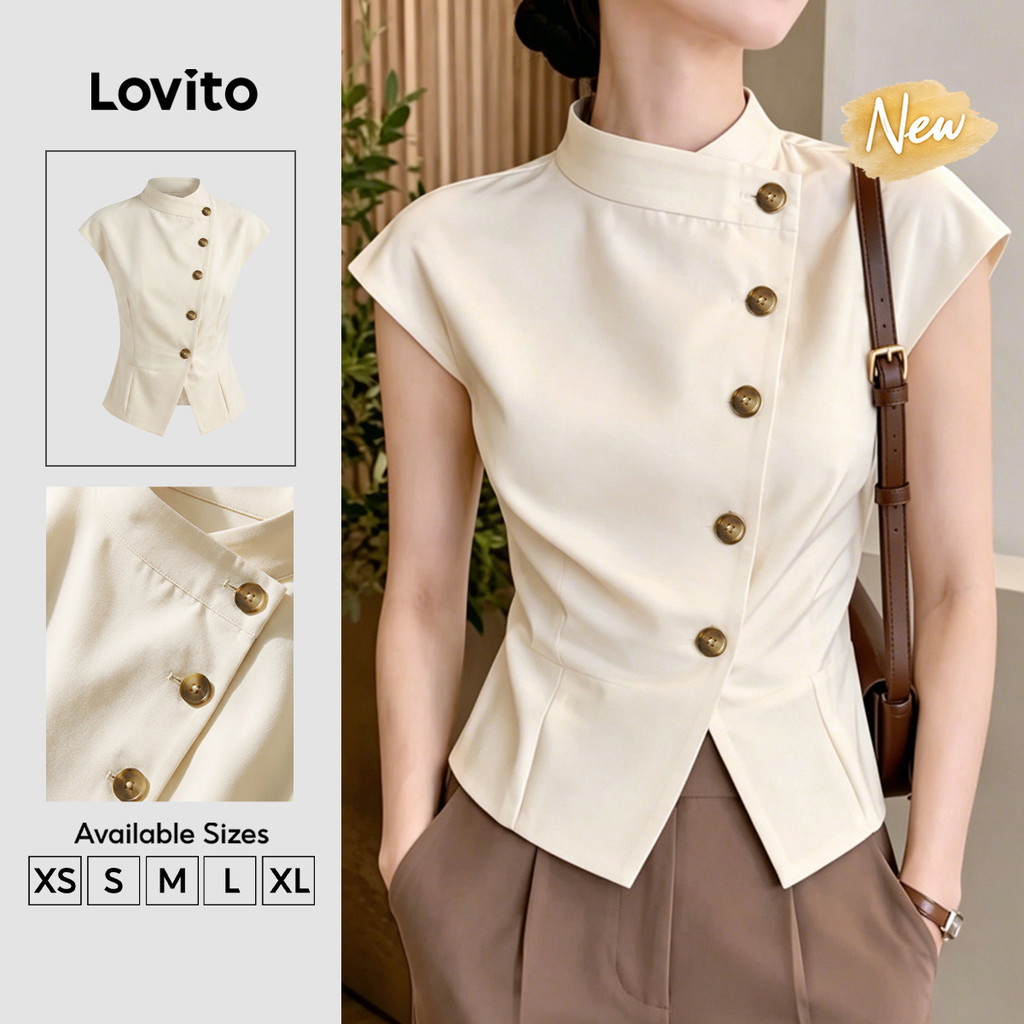 Lovito Blusa Feminina Damasco Manga Curta Gola Alta Pregas Botão Frontal Assimétrica Primavera Verão BLK10P1D1273