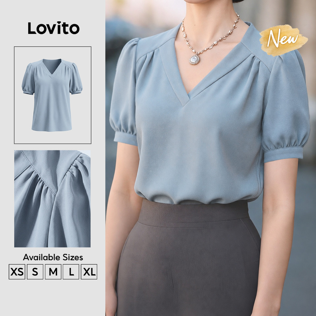 Lovito Blusa Feminina Azul Manga Curta Gola V Pregas e Gola Contrastante Primavera Verão Traje de Trabalho BLK10P1D528