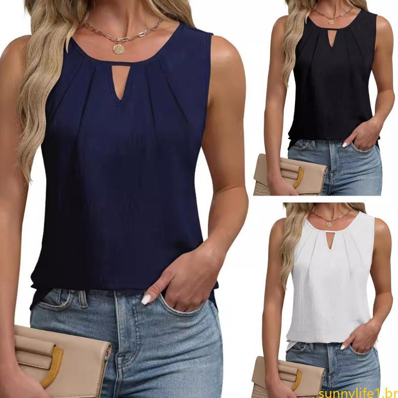 Women's V Neck Sleeveless Tank Casual Loose Chiffon Pleated Blouse