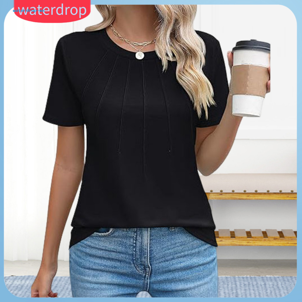 Summer Women’s Casual Loose-fit Pleated T-shirt Round Neck Short Sleeve Blouse for Travel Commuting Sport – Lightwei