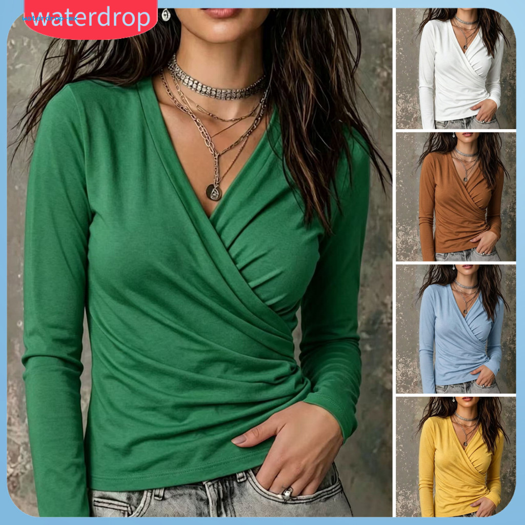 Women’s Cross V-neck Long Sleeve Blouse Slim Fit Pleated Casual Shirt Solid Color Fall Top for Office and Wear Stylish