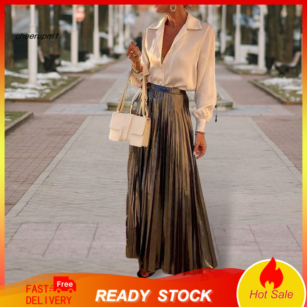 Women Formal Shirt Matching Top and Skirt Women’s Spring Fall Long Sleeve with Single-breasted Lapel  Pleated Glossy M