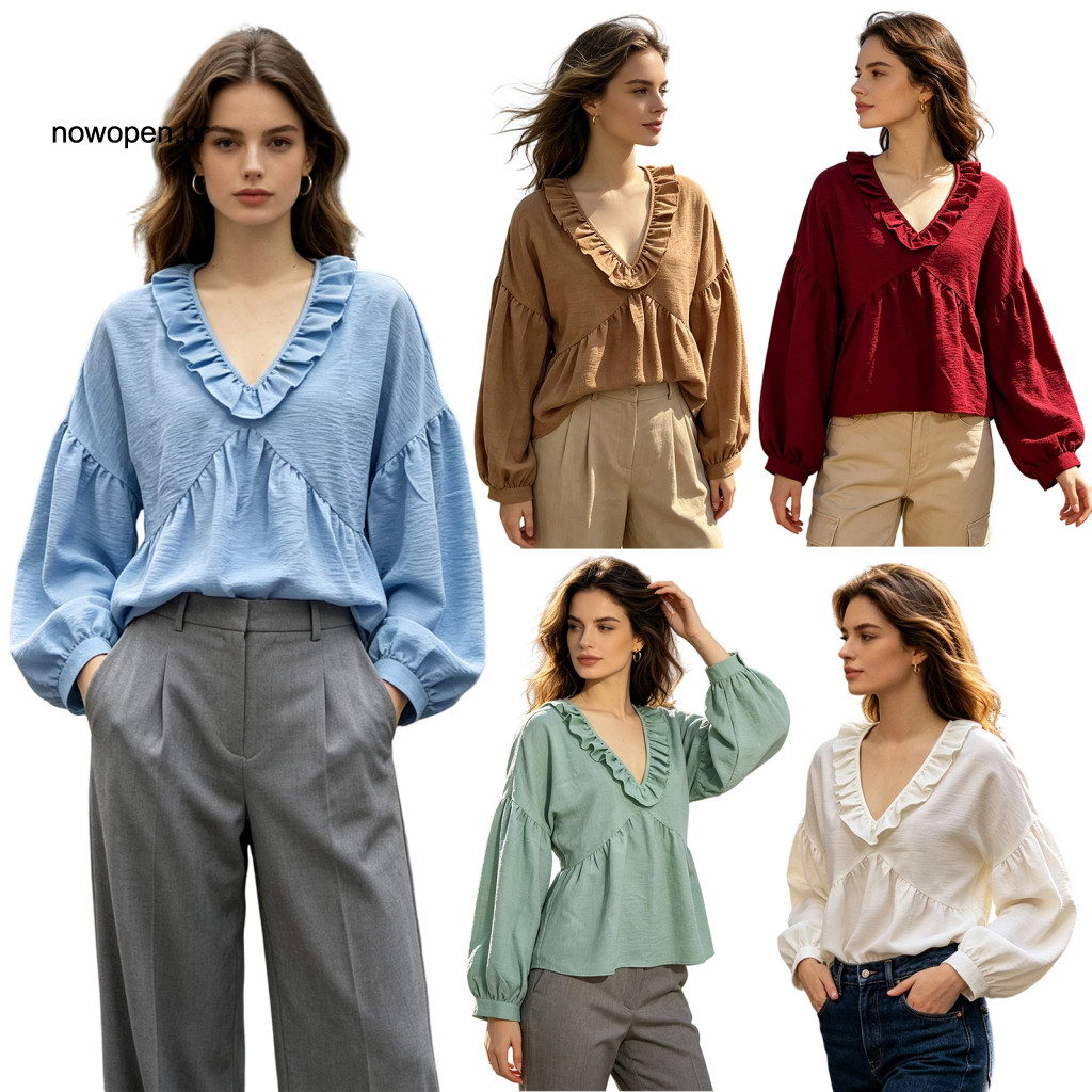 Loose Fit Blouse Layered Design Shirt Women’s Ruffle V-neck Lantern Sleeve Top Pleated Solid Color for Fall – Stylis