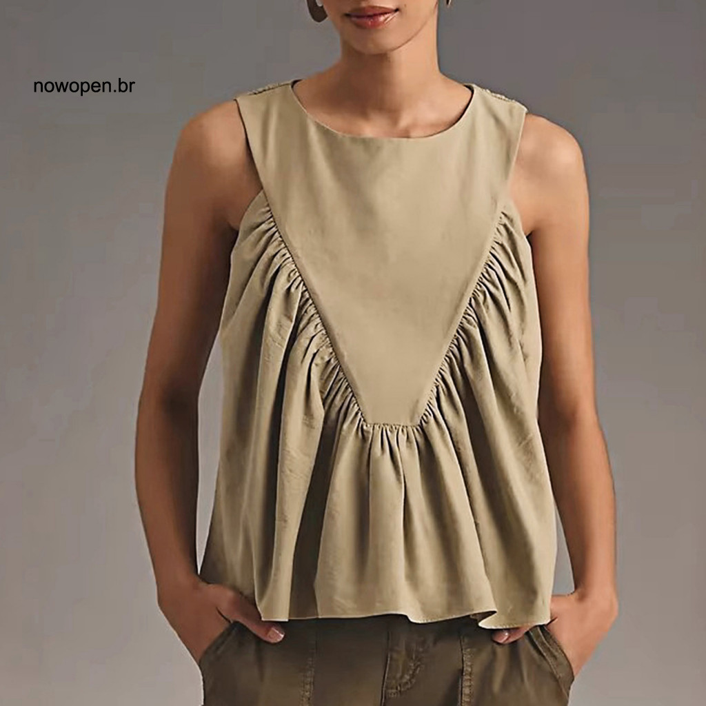 Women Vest Commuter Shirt Women’s Sleeveless Pleated Tank Top Casual Loose Fit Round Neck Solid Color Style Summer Blo