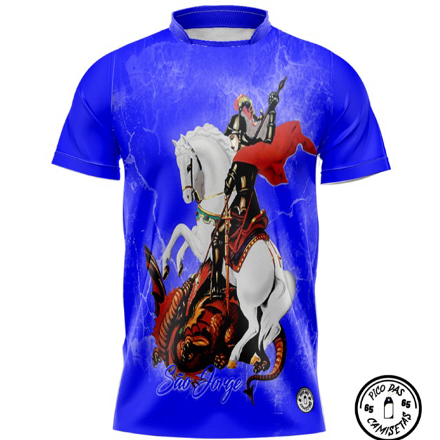 Camiseta São Jorge Guerreiro Azul Religiosa Full Print Dry Fit Unissex