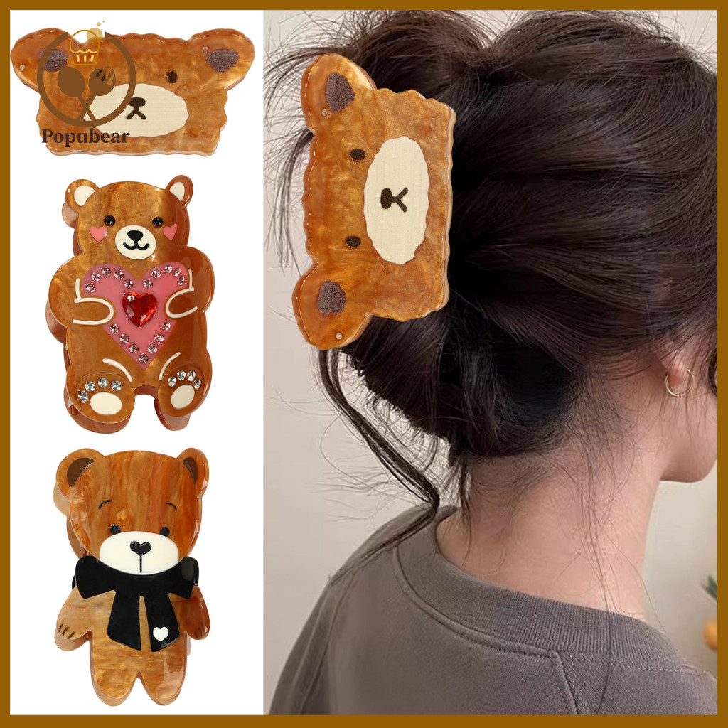 Cute Bear Hair Clip Cartoon Shape Acrylic Claw Anti-slip Shark Teeth for Half-tied Hairstyles Stylish Back Head Accessor