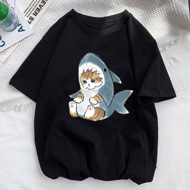 Camiseta Básica Cute Shark Cat Gato Fofo