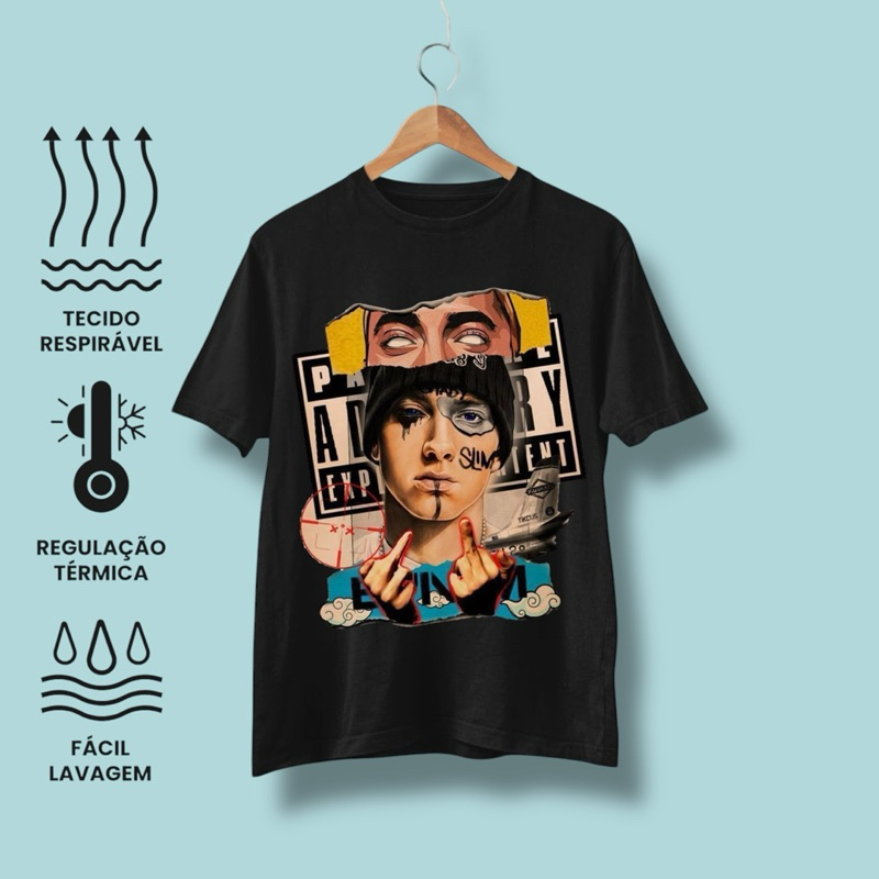 Camiseta Algodão Premium Preta Eminem Rap Blusa Slim Fit Masculina Música Rapper Camisa