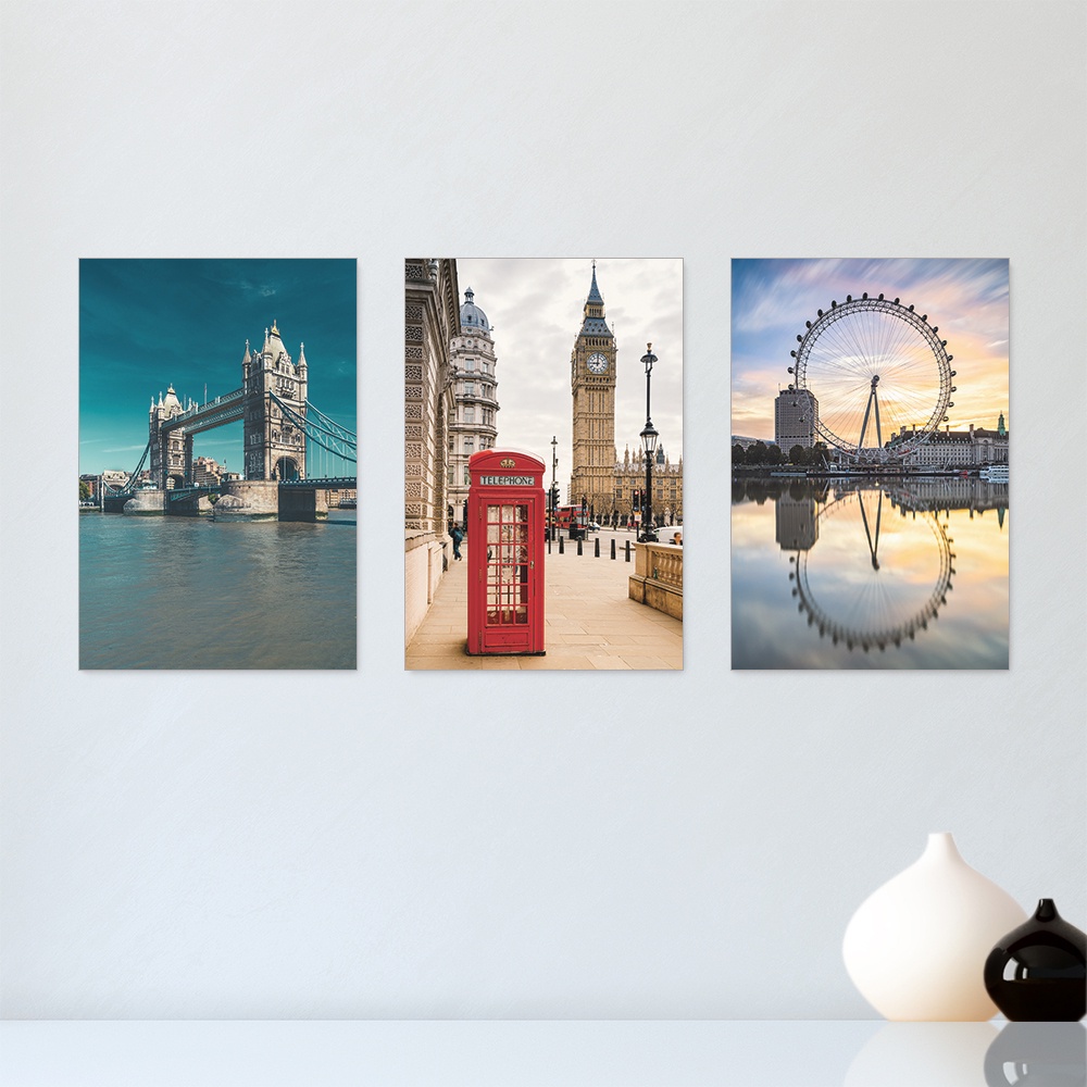 Kit 3 Quadros Decorativos Londres London Inglaterra Mundo Casa Quarto Sala Placas Decorativas - 0062ktpl