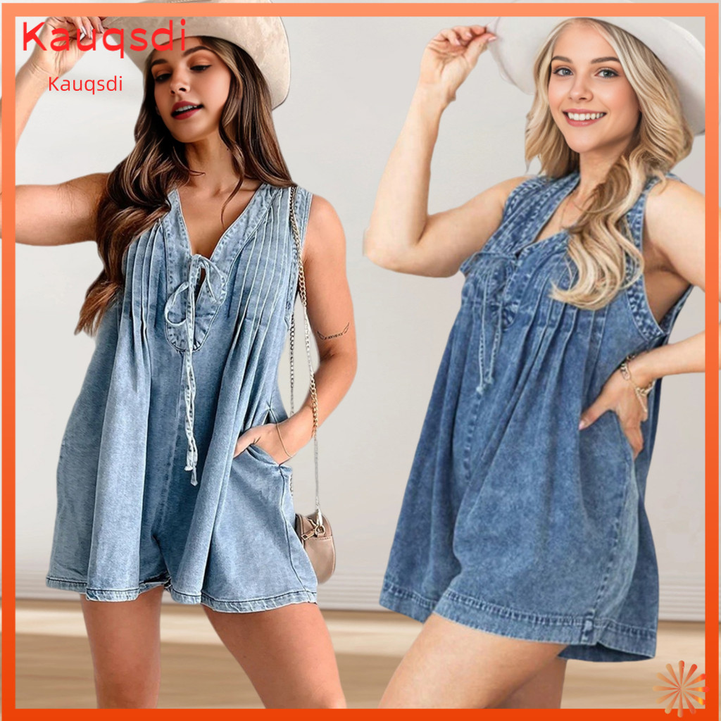 Retro V-neck Striped Overalls Women’s Summer Romper V Neck Lace-up Pleated Beachwear with Pockets Loose Fit Vacation O