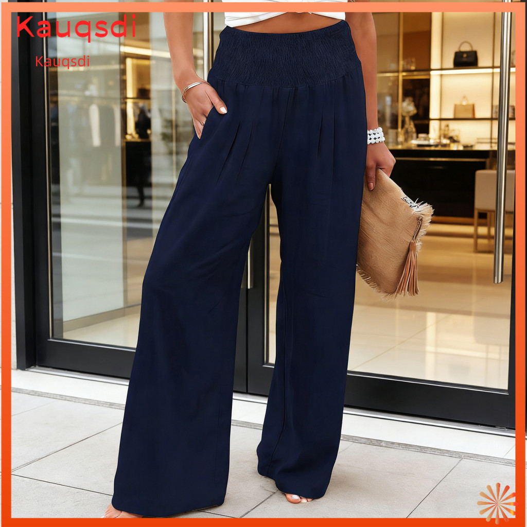 Breathable Pants Elastic Waist Wide Leg Women’s Summer with Pockets Pleated Loose Fit Lounge Trousers Lightweight Stra