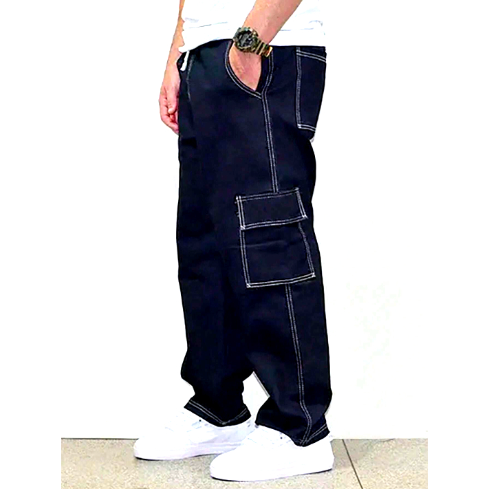 Calça Cargo Black Jeans Masculina Contraste Bolsos Laterais Preta Costura Branca Skatista Street Moda Unissex Jeans