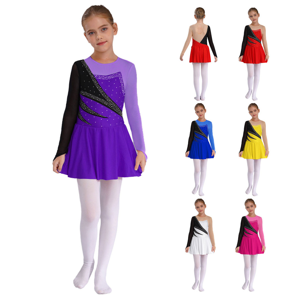 MSemis Crianças Meninas Roupas Elegantes Manga Longa Decote Redondo Contraste Cor Strass Decorado Oco Volta Patinação Ve