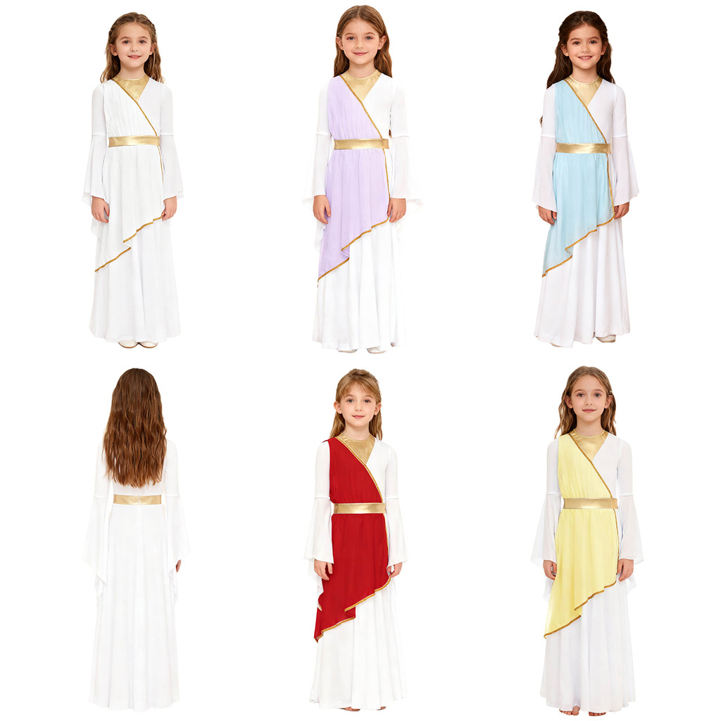 inhzoy Girls Halloween Ancient Greek Princess Costume Long Sleeve Contrast Dress Party Role Play Performance Costume