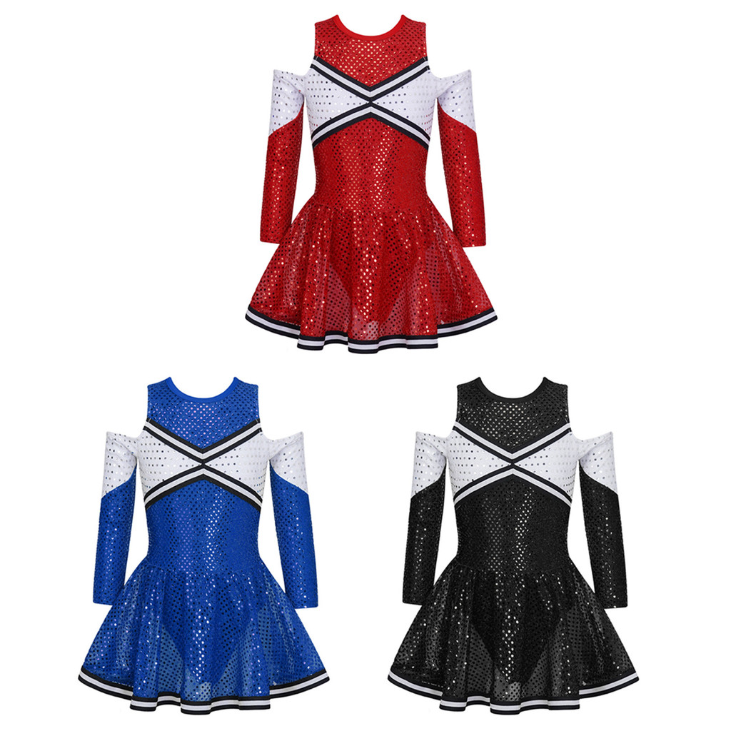 inhzoy Kids Girls Cheerleading Clothes Long Sleeve Off-shoulder Round Neckline Contrast Color Shiny Sequins Dance Dress