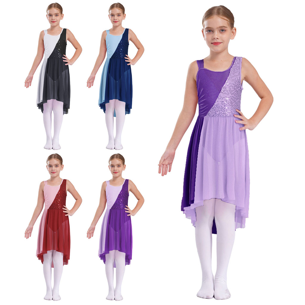 inhzoy Kids Girls Contrast Color Stylish Sleeveless Round Neckline Shiny Sequins Decorated Irregular Hem Dance Dress