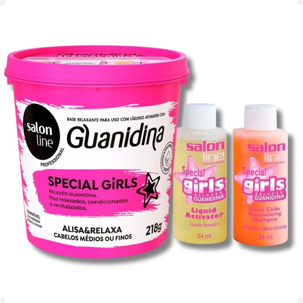 Kit Salon Line Special Girls Guanidina: Base Relaxante, Shampoo Neutralizante e Líquido Ativador