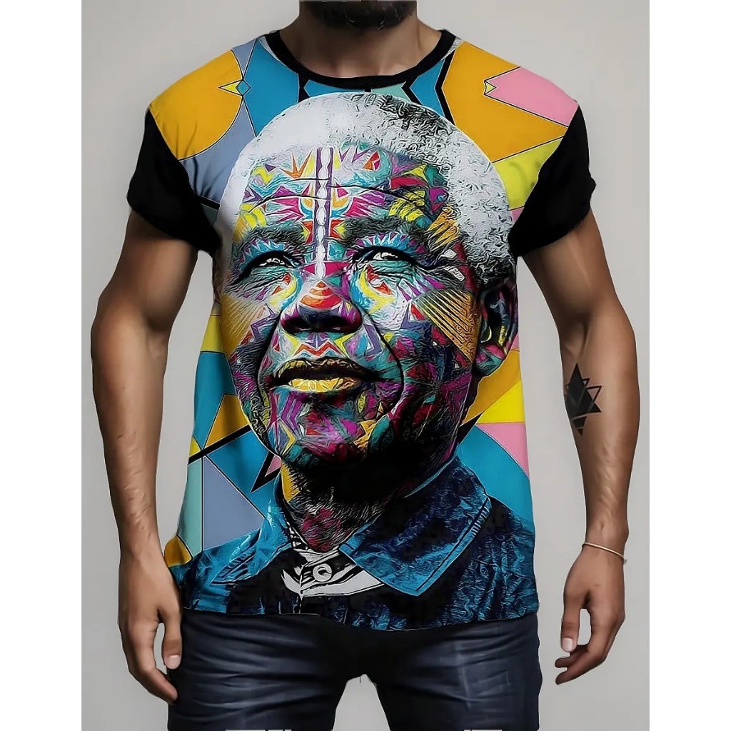 Camiseta camisa Personalizada Estampa Colorida Arte Nelson Mandela