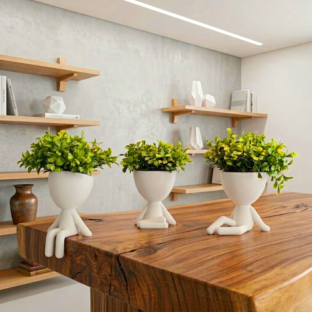 Kit 3 Vasos Decorativos com Planta Artificial | Mini Vasinhos Bob Robert 3D para Decoração de Mesa, Quarto e Sala