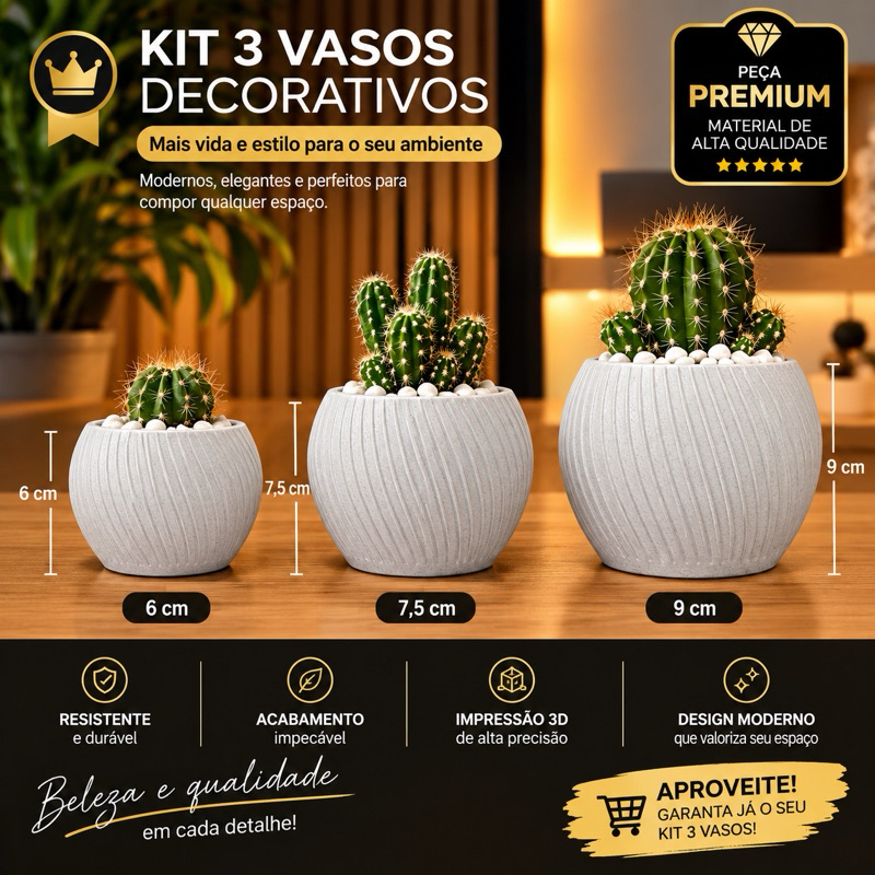 kit 3 Mini vasos Robert Plant Decoração suculentas Cactos Vasinho Bob