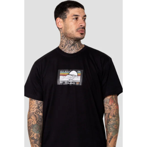 Camiseta Masculino Com Estampa Santa Monica Beach Preto Tecido Premium 100% Algodão