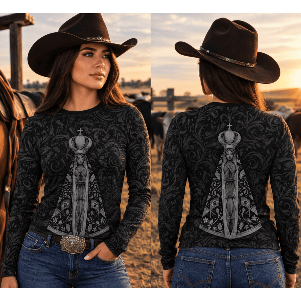 Camisa Manga Longa Dry Fit Nossa Senhora Aparecida Black Full Estampa Proteção UV50+ Antibacteriana Leve Confortável Uni