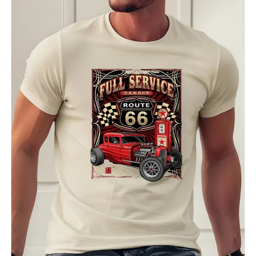 Camiseta Masculina Estampa Route 66 Full Service Garage Retrô Descolado Tecido Premium 100% Algodão
