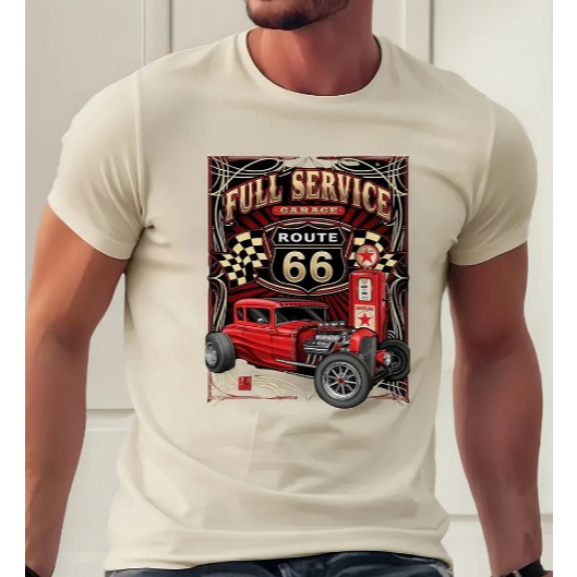 Camiseta Masculina Estampa Route 66 Full Service Garage Retrô Tecido Premium 100% Algodão