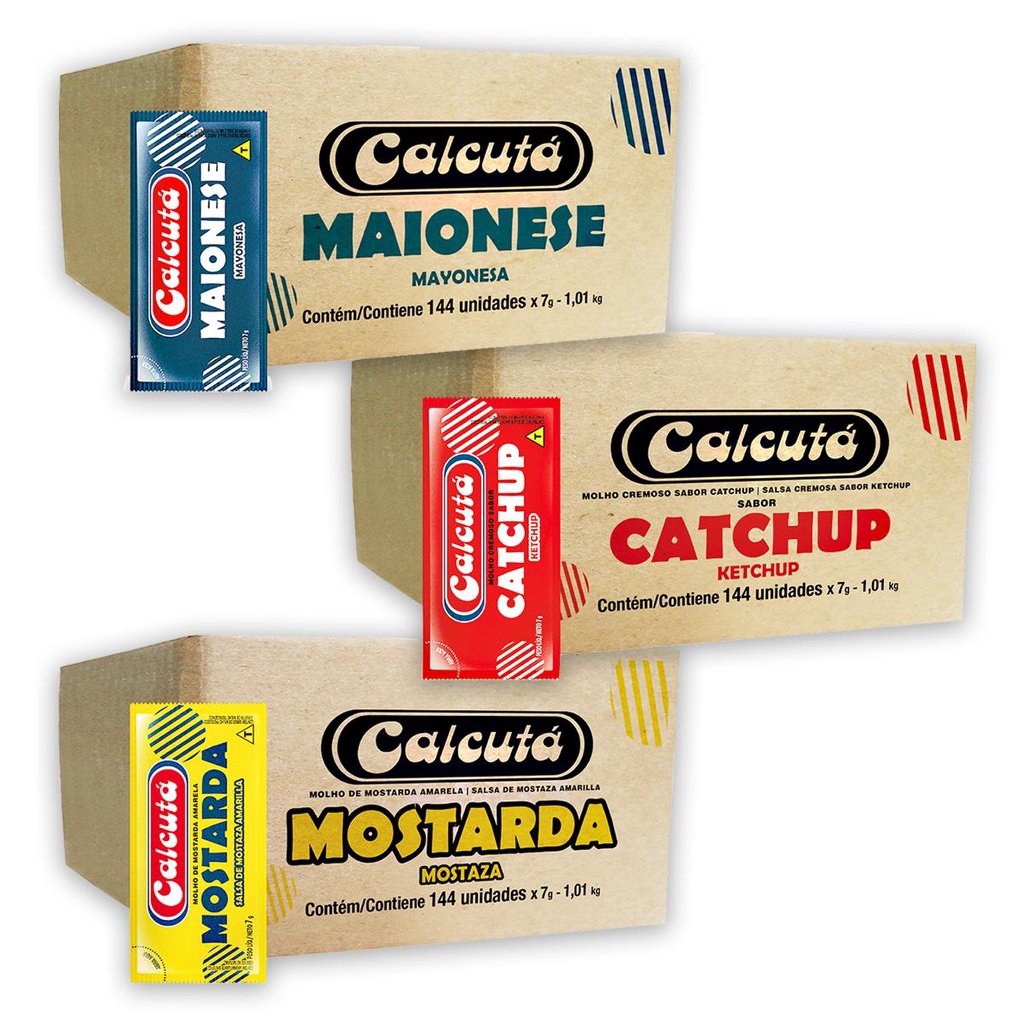 Kit Sachê Catchup Maionese e Mostarda Calcutá 7g 144 Unidades de Cada Food Service Delivery Lanchonete