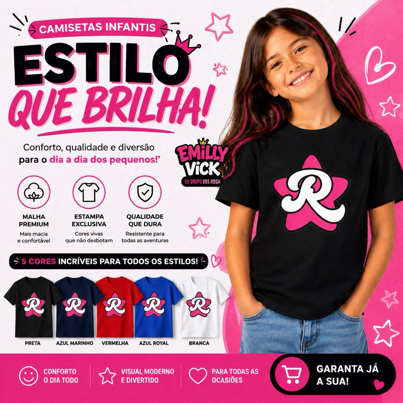 Camiseta Infantil Emilly Vick | Grupo dos Rosa | Estampa R dos Rosa | TikTok YouTube Feminina | Tam 02 ao 14 | Cores