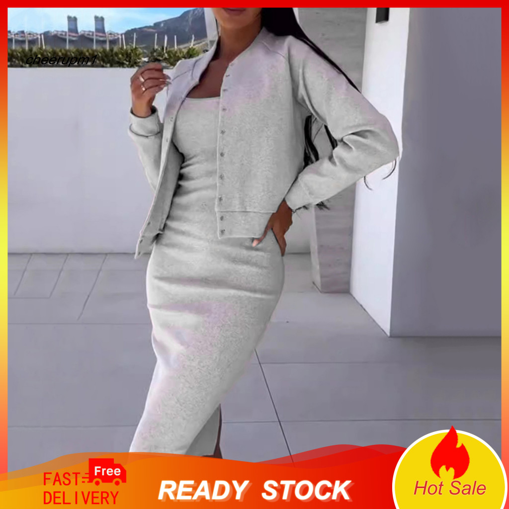 Women Dress Suit Set Midi 2 Pcs Coat Single-breasted Stand Collar Jacket Skinny Slip Long Sleeve Autumn Office for South