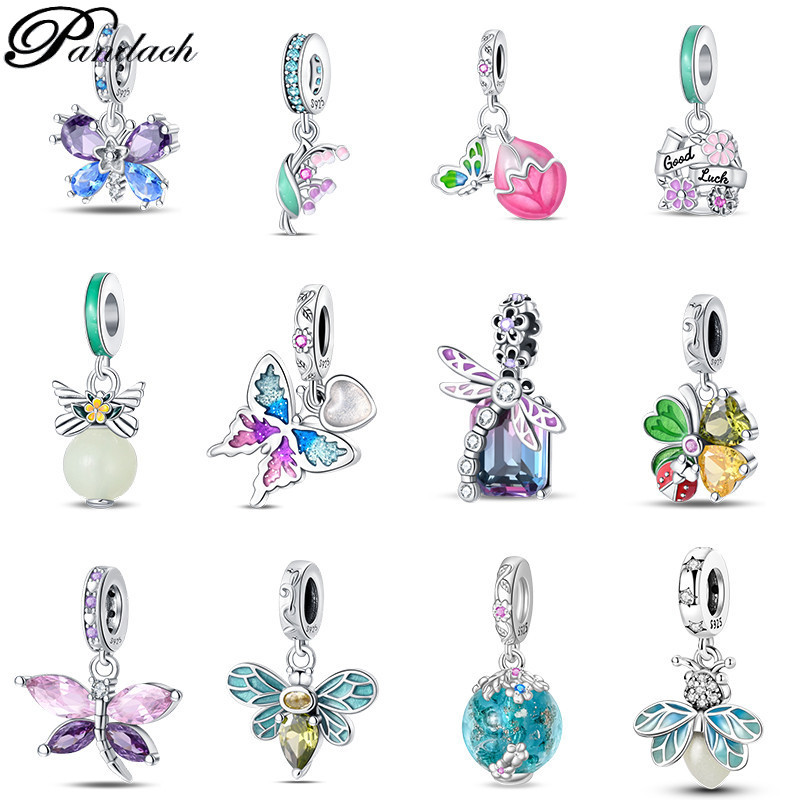 S925 prata requintado colorido borboleta libélula luminosa vaga-lume Design Original charme jóias DIY