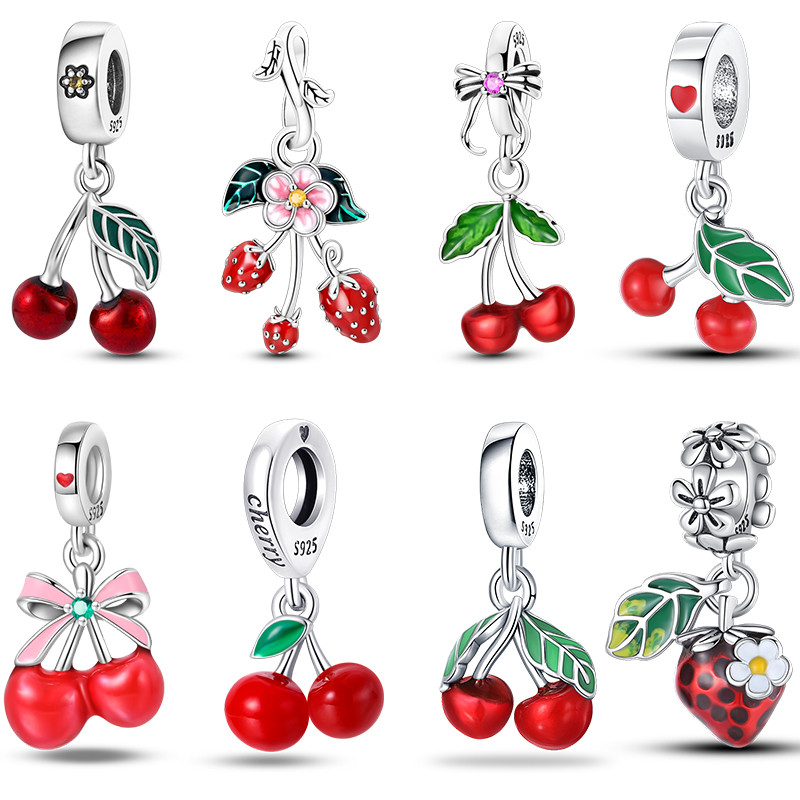 925 prata original charme Design cereja morango forma compatível com pulseira original fazendo jóias DIY