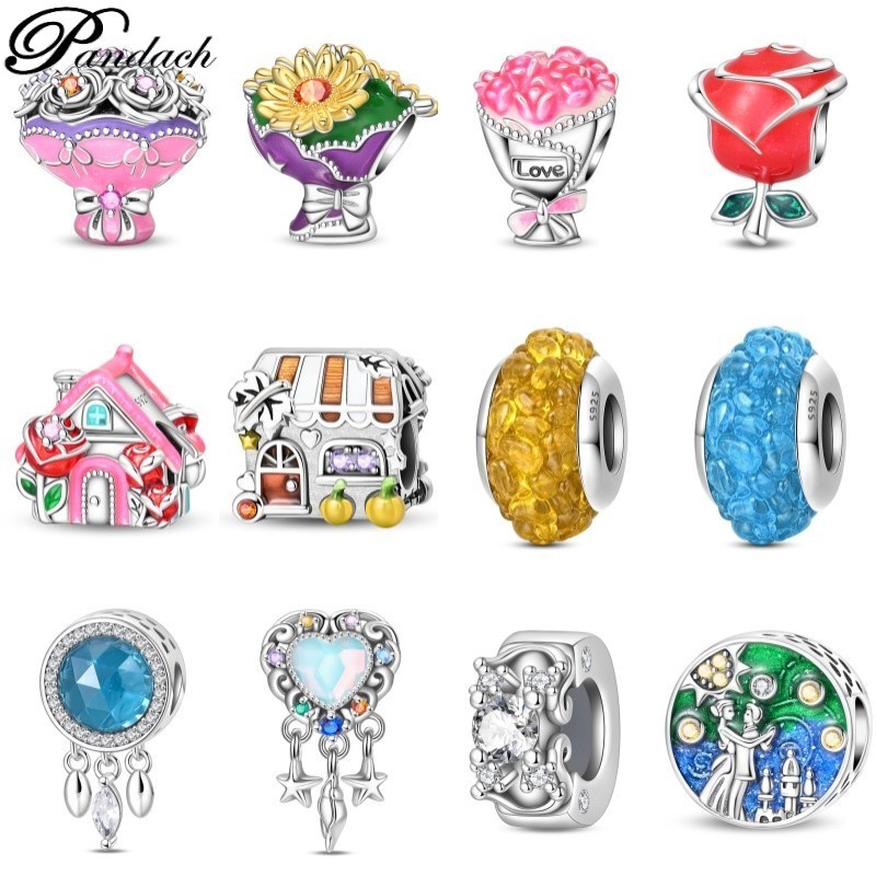 Design Original s925 prata charme rosa buquê contas contas de vidro azul pulseira compatível DIY