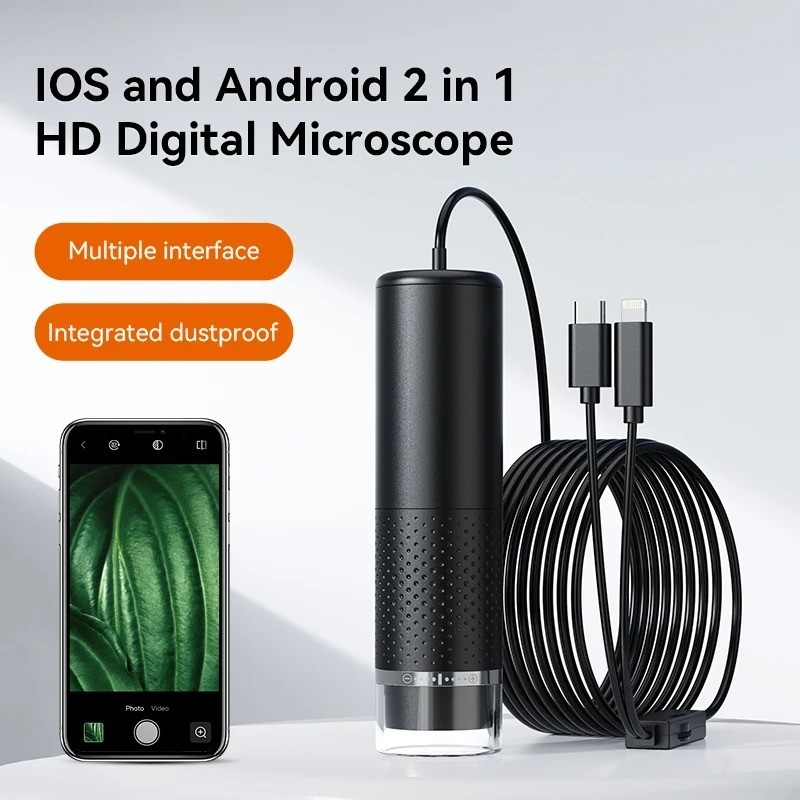 Microscópio Digital Tipo C 2 Em 1 Portátil 8LED 1600X Ampliação Endoscópio Para Câmera De Telefone IOS Android