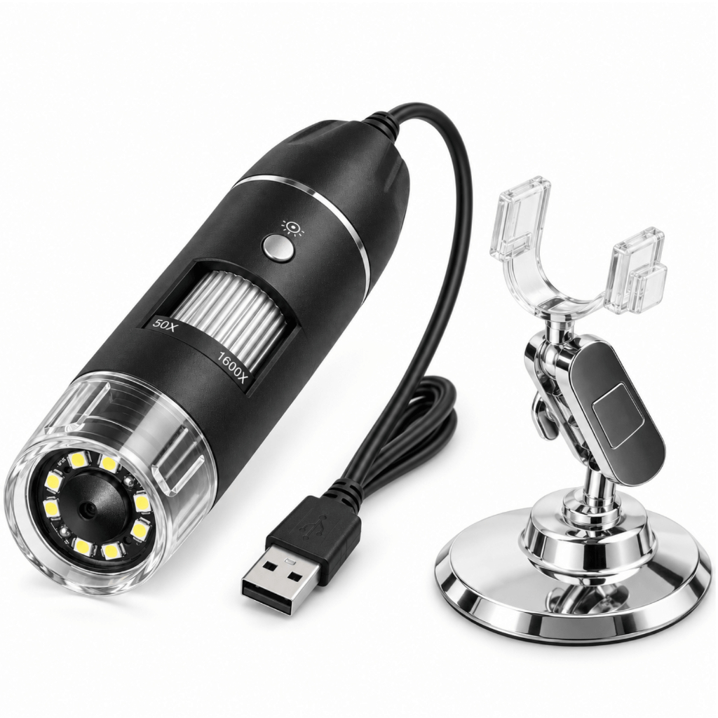 Microscópio USB Digital 1600X com 8 LEDs Ajustáveis Foco Manual Suporte Articulado para Android e PC Inspeção Precisa 5V