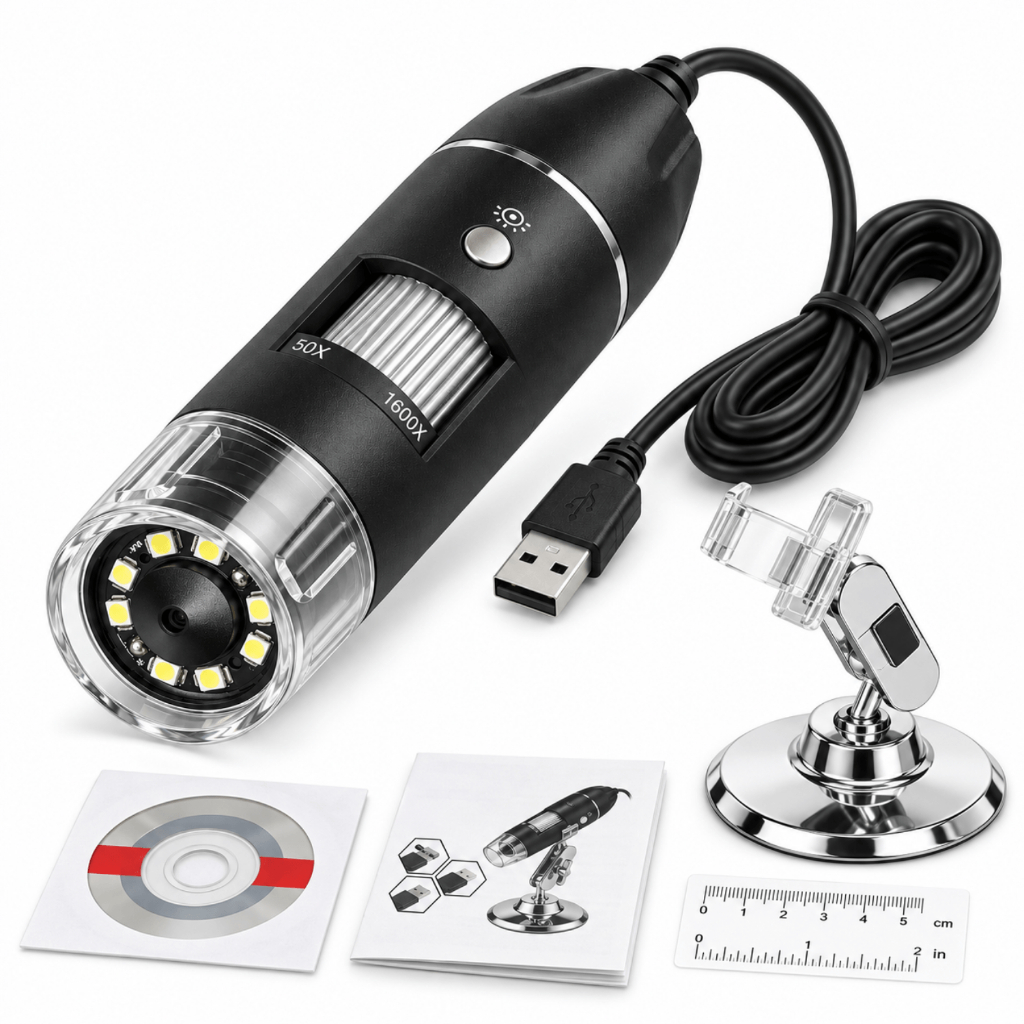 Microscópio Digital 1600X USB 8 LEDs Foco Ajustável Suporte Metálico para Android e PC Eletrônica Estudos Inspeção 30FPS