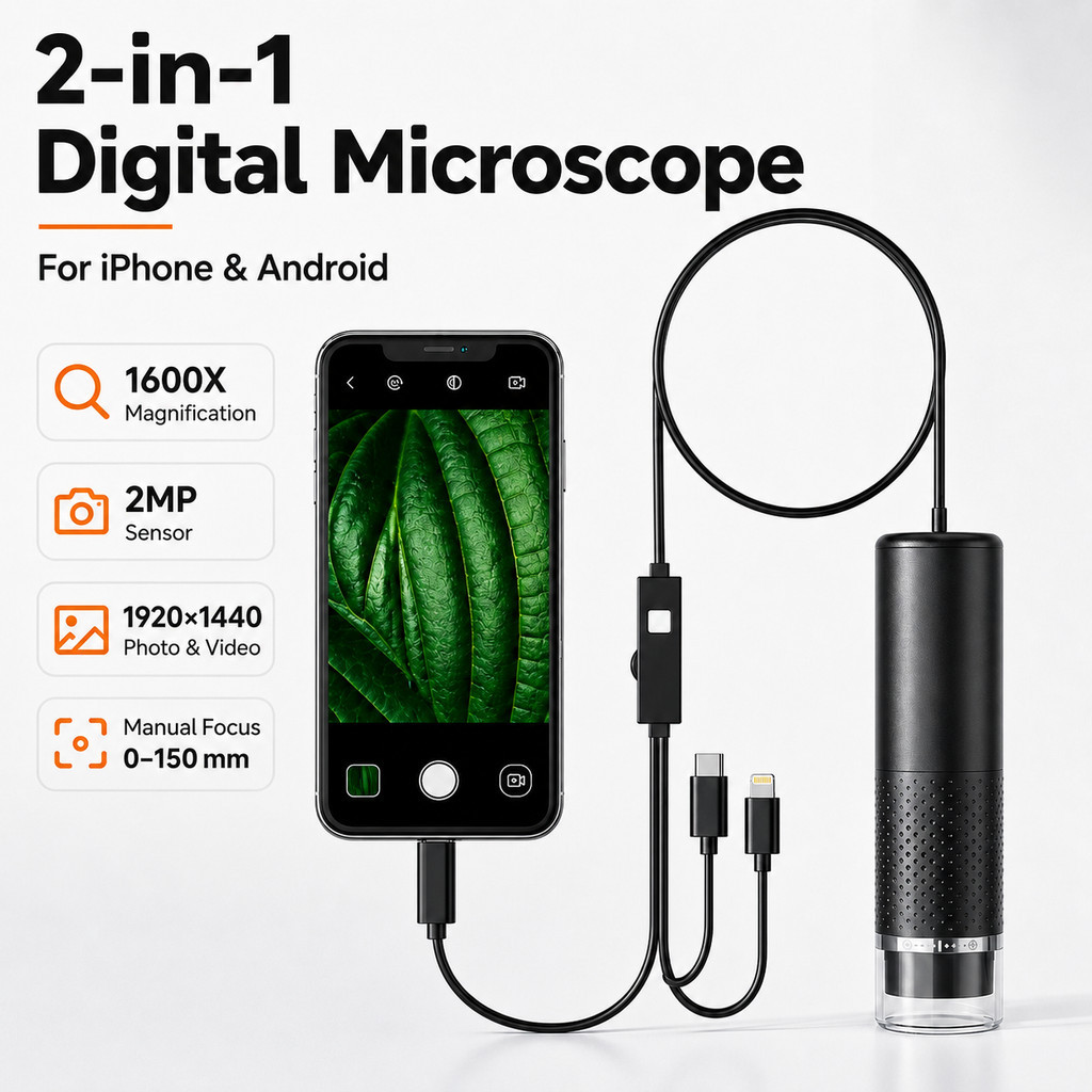 Microscópio Digital 1600X 2 Em 1 Para iPhone Android USB-C Lightning 320P