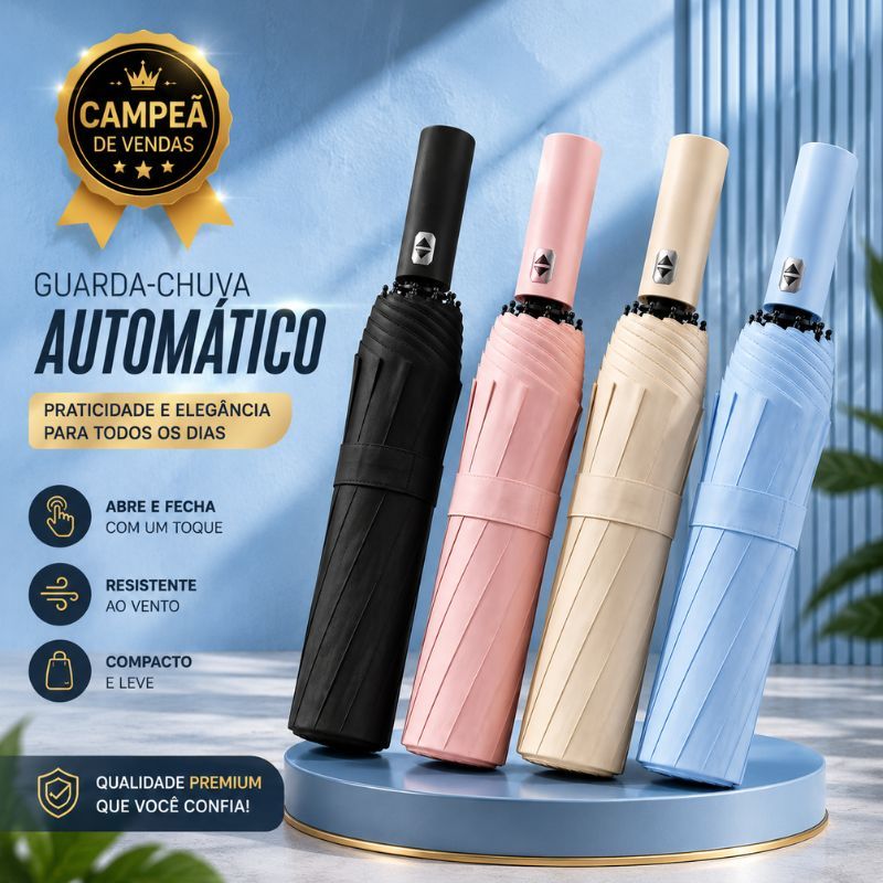 Guarda Chuva Reforçado Abre Automático Tecido Drop Dry Anti-Vento Sombrinha Sol