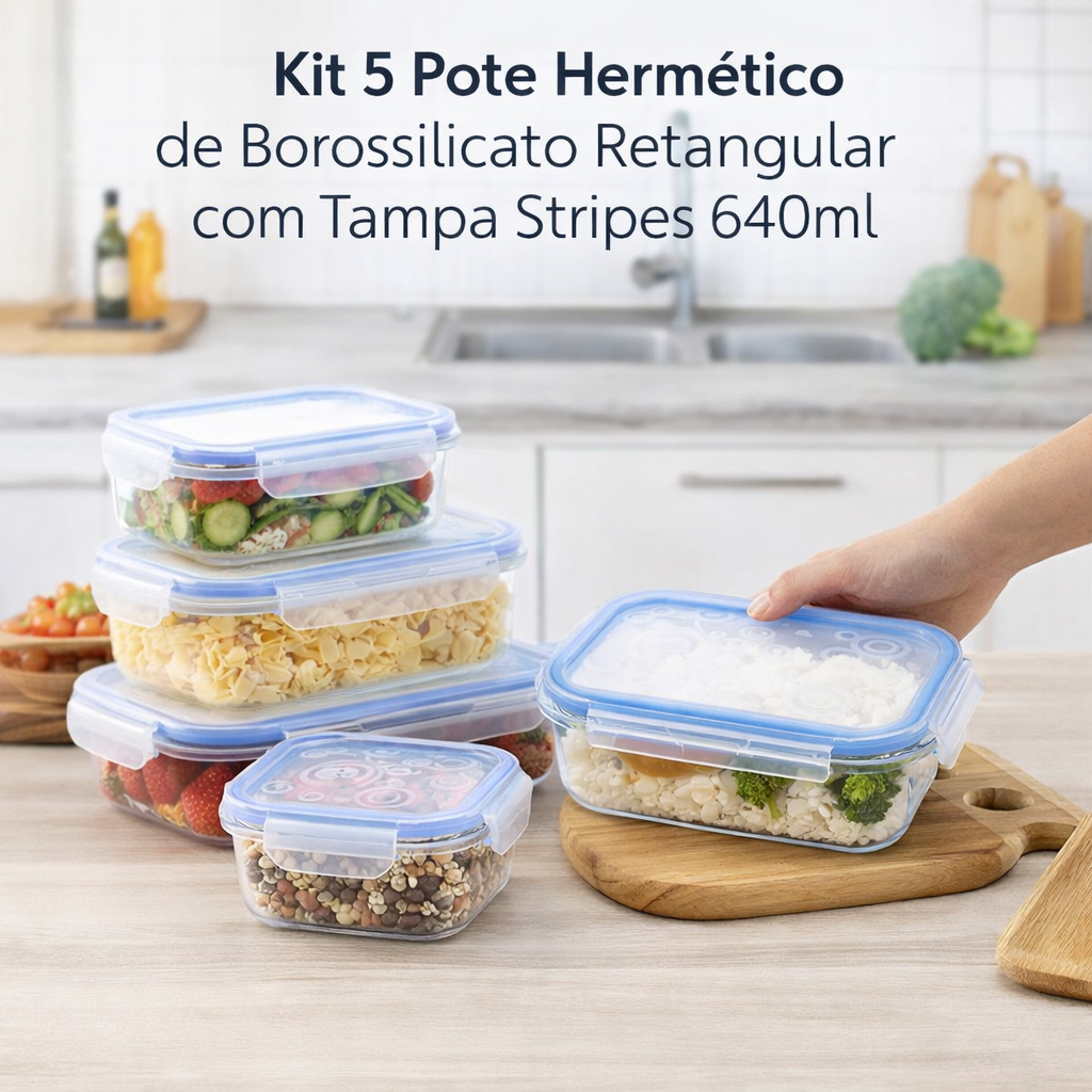 Kit 5 Potes Herméticos de Borossilicato Retangular com Tampa Stripes 640ml Marmita Fitness Dieta