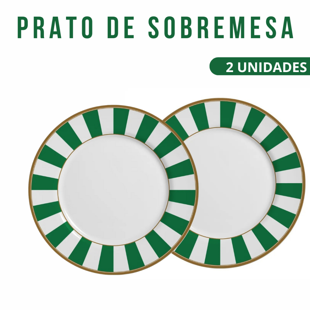 Conjunto 2 Pratos sobremesa Stripe Verde Escuro 19,5cm Alleanza - 1ª linha