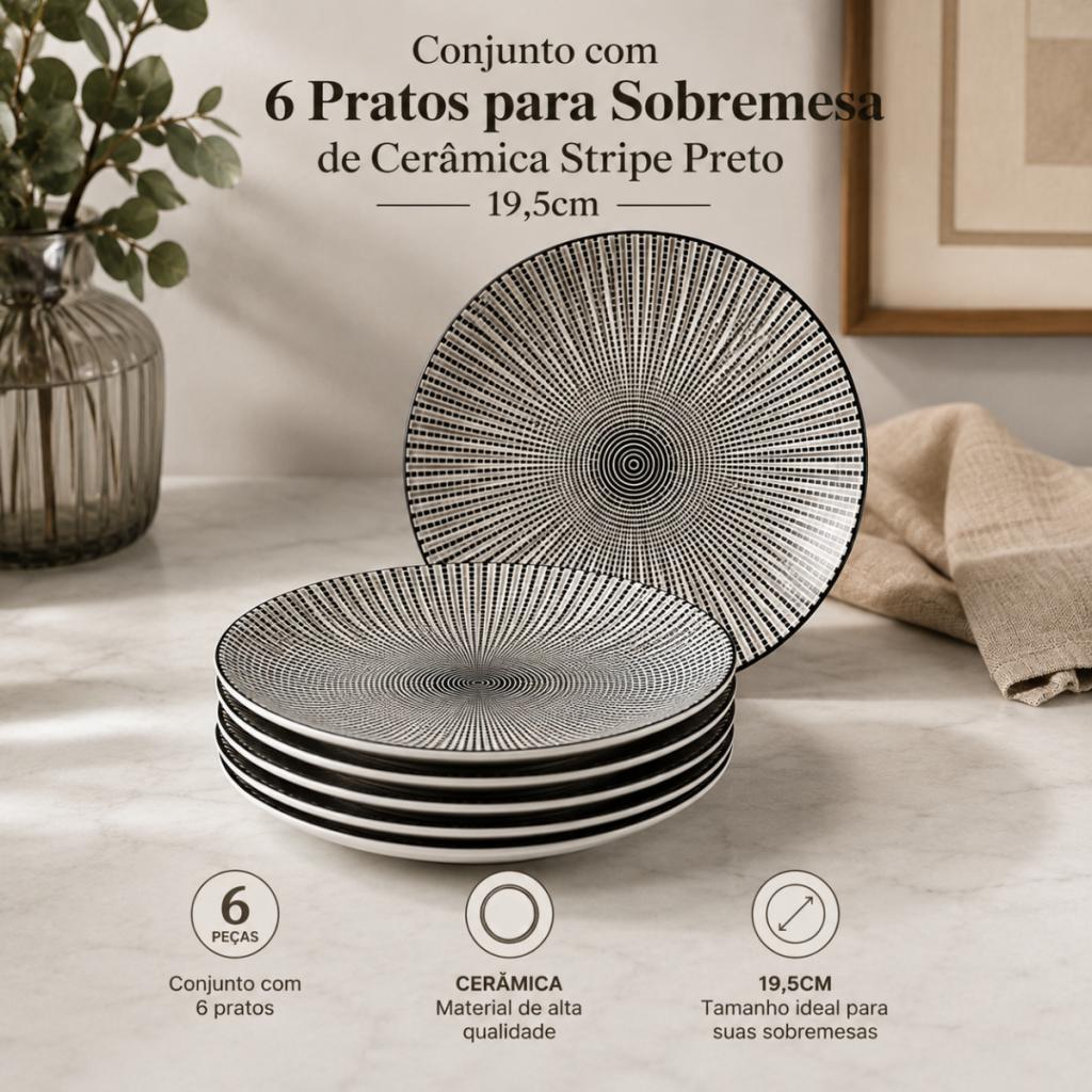 Kit 6 Pratos De Sobremesa Cerâmica Stripe Luxo Preto 19,5cm