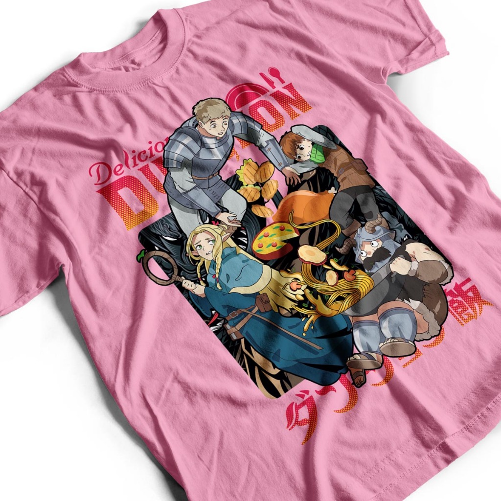 Camisa Dungeon Meshi Laios Senshi Marcille Falin Anime Unissex Rosa