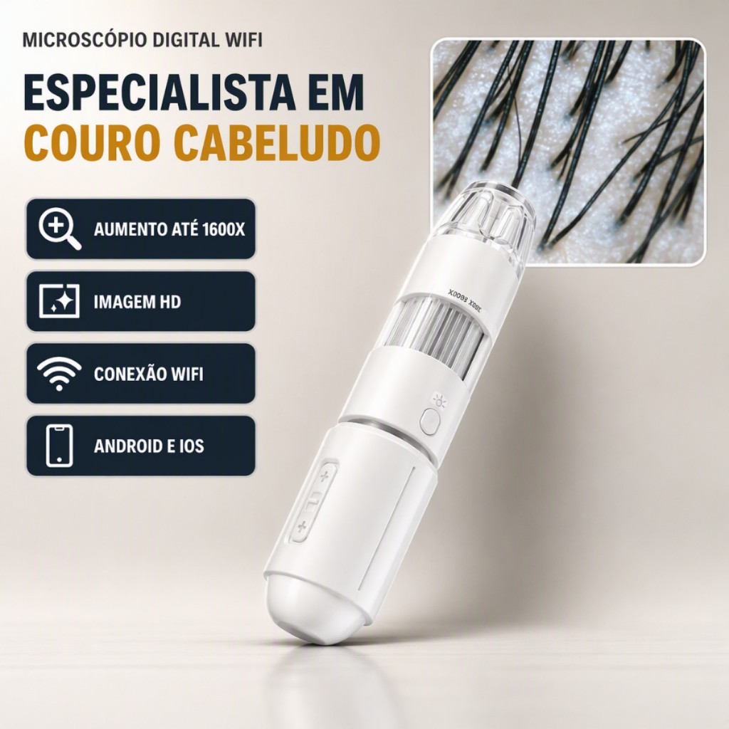Microscópio Digital Sem Fio WiFi 1600X Lupa Eletrônica 8 LED Análise de Pele Câmera Portátil HD
