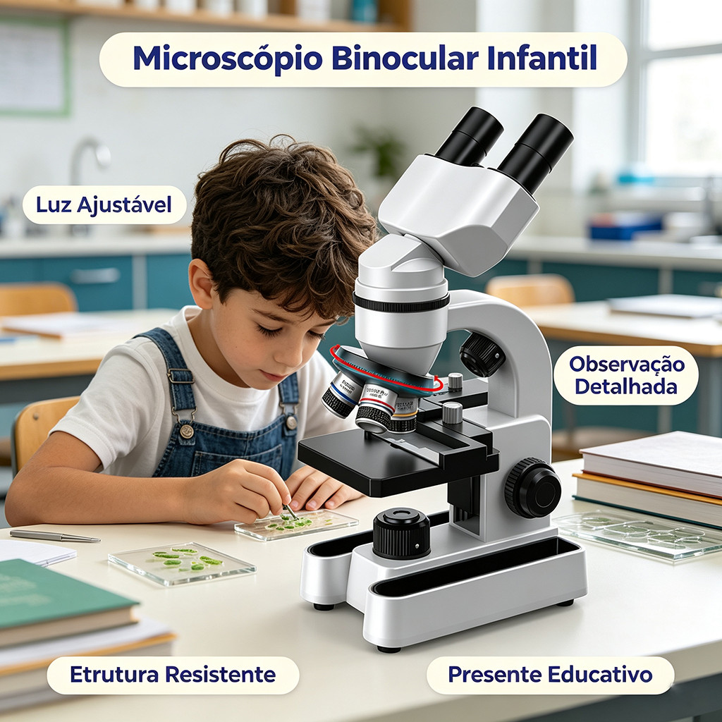 Microscópio Escolar Binocular 40-1600x, Ajuste de Luz, Ideal para Aulas de Ciências e Experiências Infantis