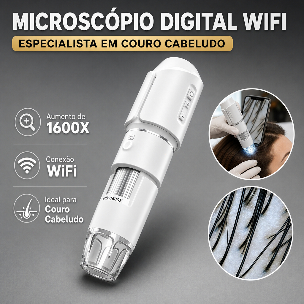 Microscópio Digital Sem Fio 50X-1600X WiFi Análise de Pele e Limpeza Profunda Branco Câmera HD